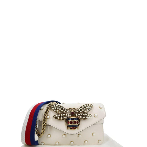 GUCCI Pearl Studded Mini Bee Broadway Leather Shoulder Bag White