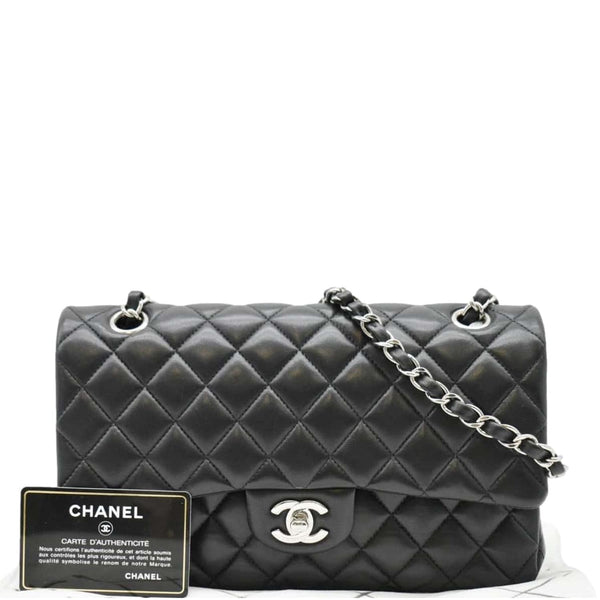 CHANEL Classic Medium Double Flap Quilted Leather front chain look