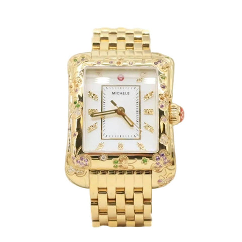 MICHELE Limited Edition Butterfly Deco Moderne 18K Gold-Plated Diamond Watch Mop Dial 35mm x 42mm