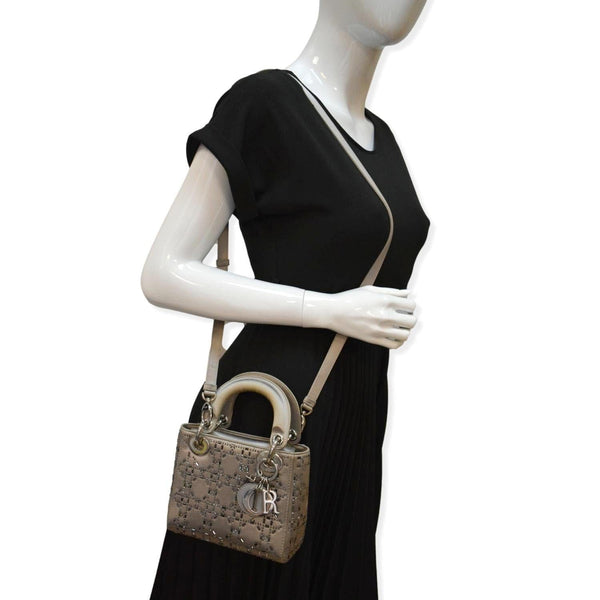 CHRISTIAN DIOR Mini Lady Dior Crystal Embellished Satin Shoulder Bag Gray
