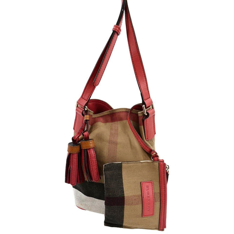 BURBERRY Susanna Check Canvas Bucket Shoulder Bag Red