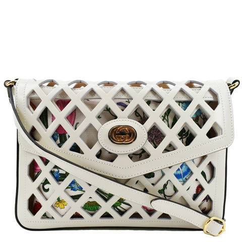 GUCCI Cutout Medium Floral Canvas Shoulder Bag White 550138