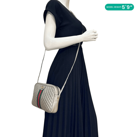 GUCCI GG Marmont Small Metallic Silver Shoulder Bag - Model Carrying