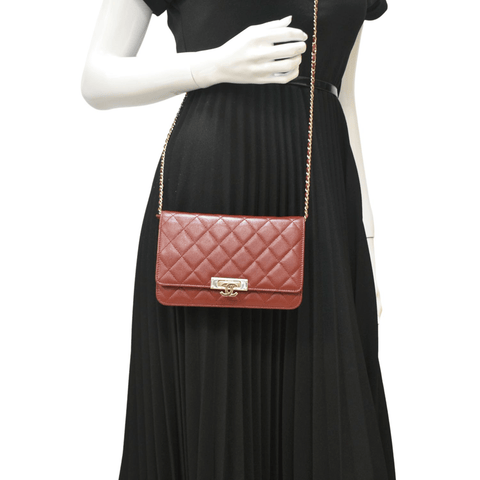 CHANEL Golden Class Quilted Caviar Leather Wallet on Chain Bag Maroon