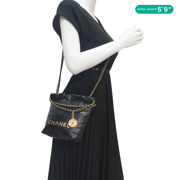 CHANEL 22 Mini Shiny Calfskin Leather Chain Crossbody Bag Black