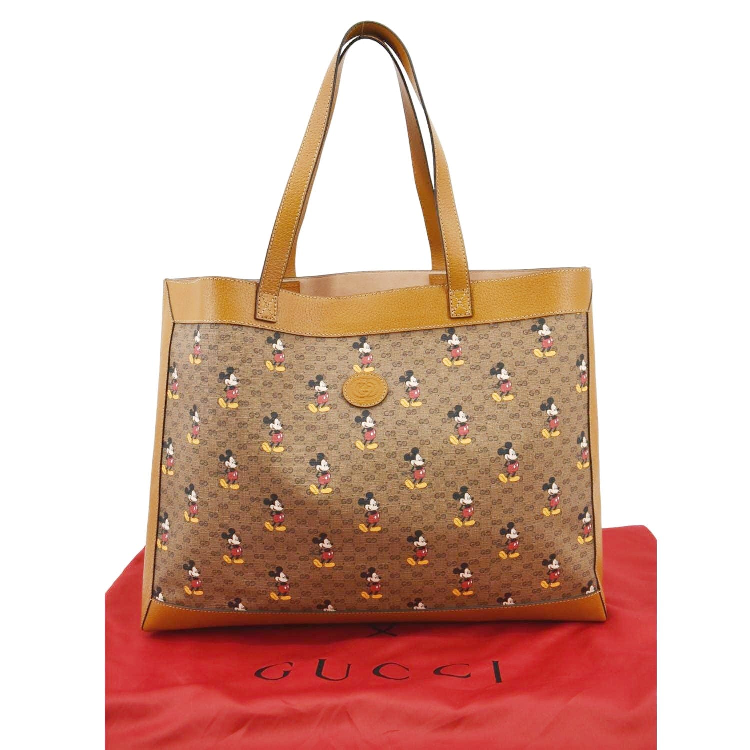 GUCCI GG Disney X Mickey Mouse Large Tote Leather Tan Brown Italy Bag Pouch  NEW