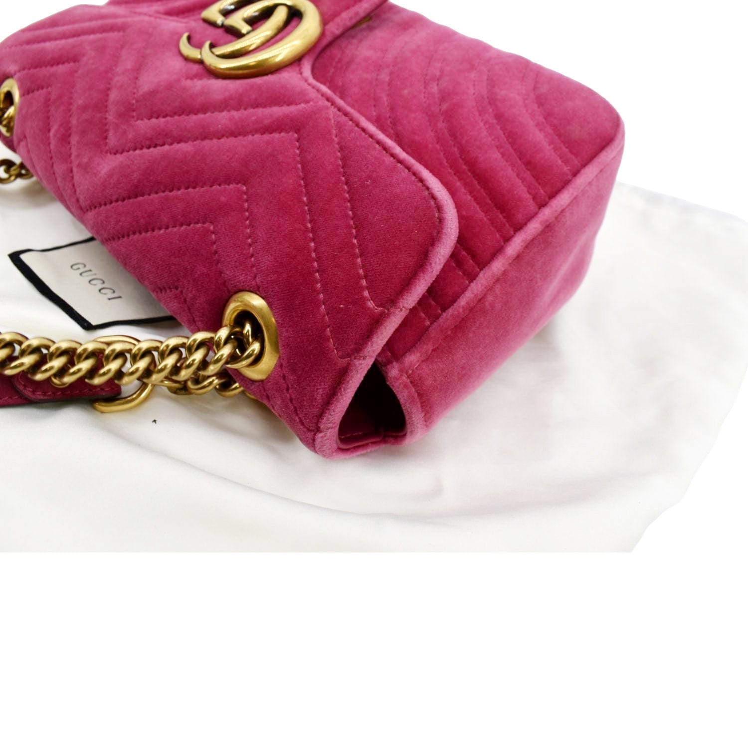 Authentic New Gucci GG Marmont Fuchsia ChevronQuilted Velvet