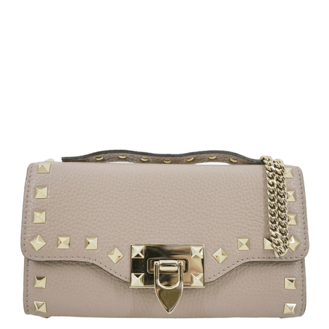 VALENTINO Garavani Small Rockstud Flap Leather Crossbody Bag Beige