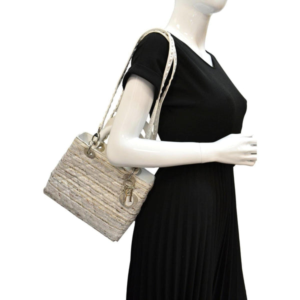 CHRISTIAN DIOR Medium Lady Dior Tweed Leather Shoulder Bag White