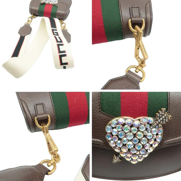 GUCCI Jeweled Heart Leather Totem Crossbody Bag Brown 500756