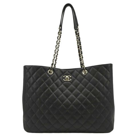 CHANEL Large CC Quilted Leather Tote Shoulder Bag Black