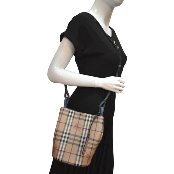 BURBERRY Bucket Haymarket Check Canvas Crossbody Bag Beige