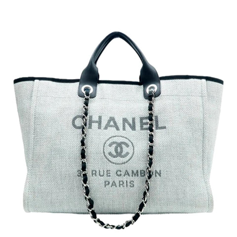 CHANEL Deauville Small Canvas Leather Tote Shoulder Bag White