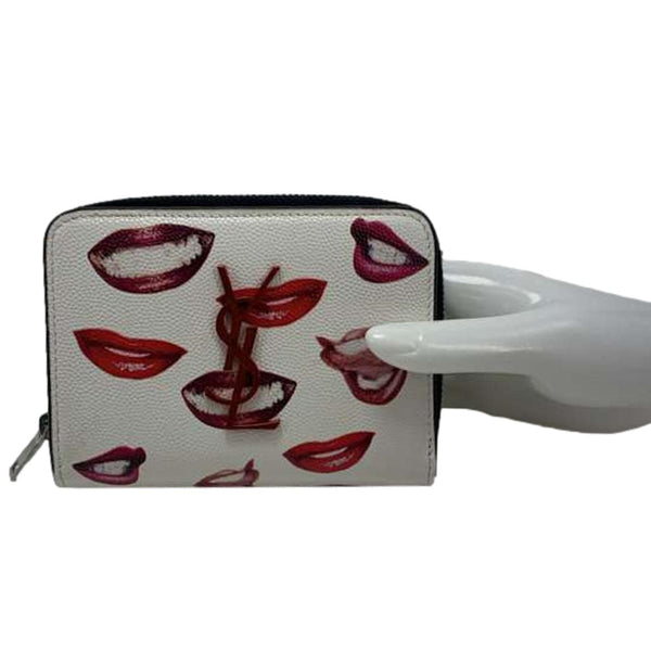 YVES SAINT LAURENT Lip Print Grained Calfskin Leather Wallet White