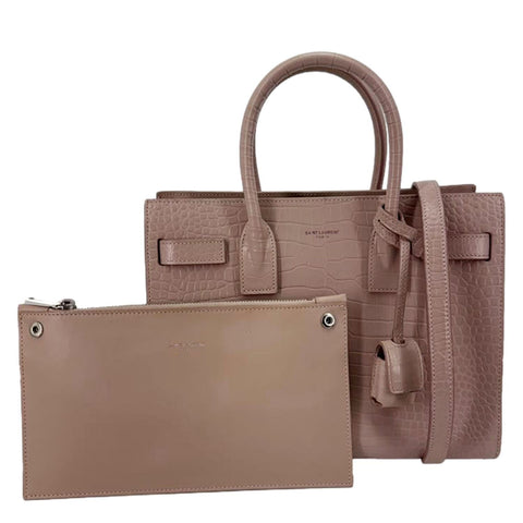 YVES SAINT LAURENT Sac de Jour Crocodile Embossed Leather Satchel Bag Blush Pink