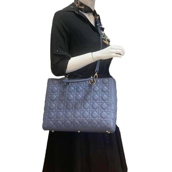 CHRISTIAN DIOR Lady Dior Large Cannage Quilted Lambskin Leather Shoulder Bag Blue
