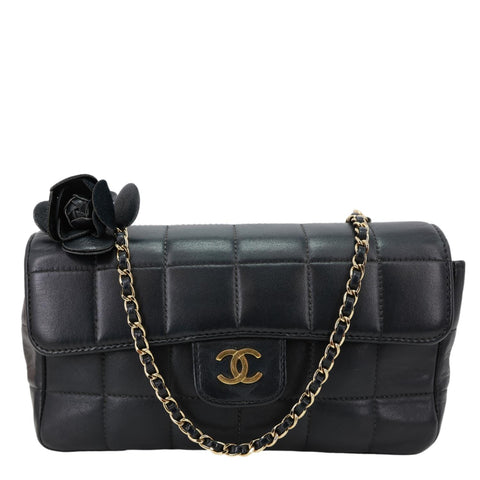 CHANEL Camellia Chocolate Bar Flap Mini Quilted Lambskin Leather Crossbody Bag Black