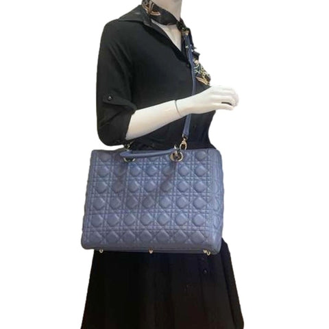 CHRISTIAN DIOR Lady Dior Large Cannage Quilted Lambskin Leather Shoulder Bag Blue