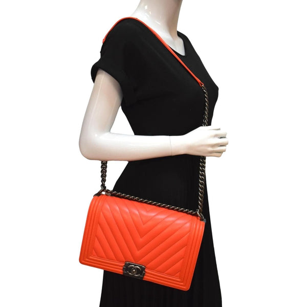 CHANEL Medium Boy Flap Chevron Quilted Calfskin Shoulder Bag Red