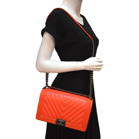 CHANEL Medium Boy Flap Chevron Quilted Calfskin Shoulder Bag Red
