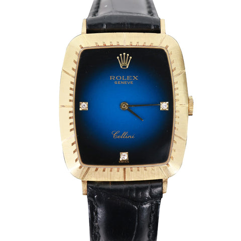 Rolex Cellini 30mm 18k Yellow Gold Engraved Bezel Blue Vignette Diamond Dial Watch 4087