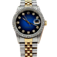 Rolex Datejust 18k Gold Steel 36mm Diamond Bezel Blue Vignette Dial Watch 16233