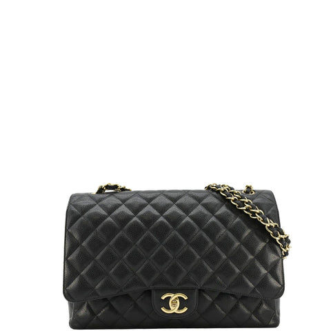 CHANEL Maxi Double Flap Leather Shoulder Bag Black