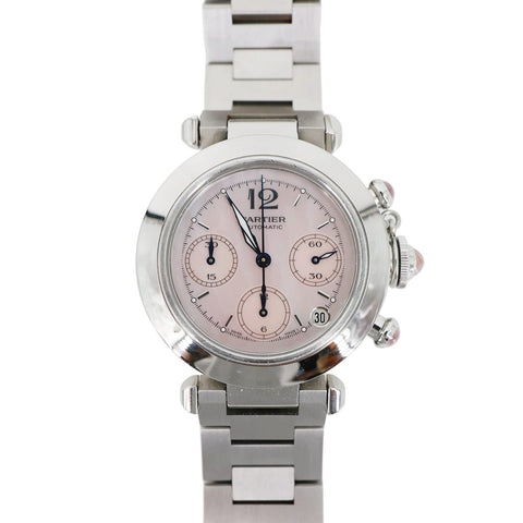 Cartier Pasha C Automatic Chronograph Stainless Steel Pink Mop Dial Watch 35mm