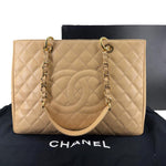 CHANEL Grand Shopping Quilted Caviar Leather GST Tote Bag Beige