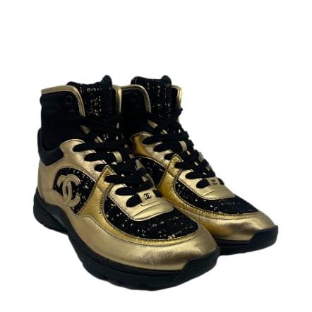 Chanel CC Logo High Top Black & Gold Sneakers