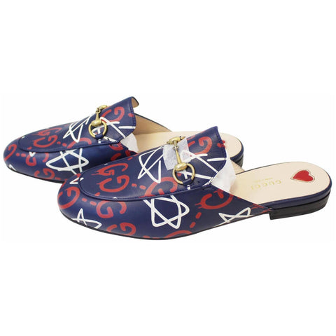 GUCCI Princetown Gucci Ghost Print Flats Navy Blue US 9.5