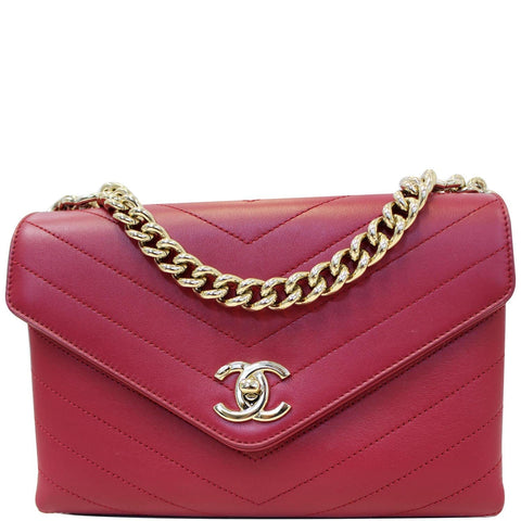 CHANEL Chevron Envelope Flap Lambskin Leather Shoulder Bag Red
