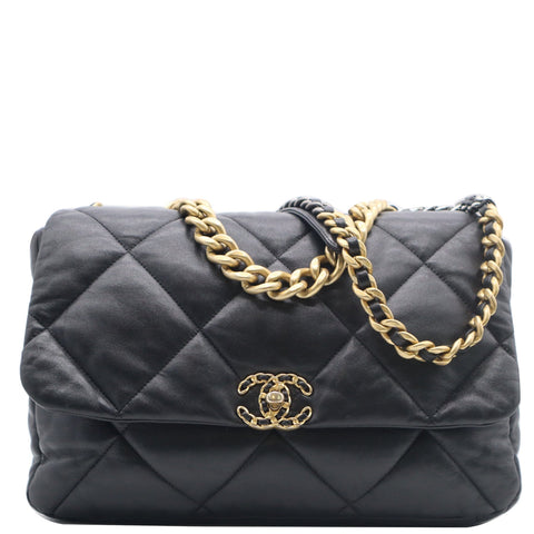 CHANEL 19 Large Flap Quilted Lambskin Leather Shoulder Bag Black