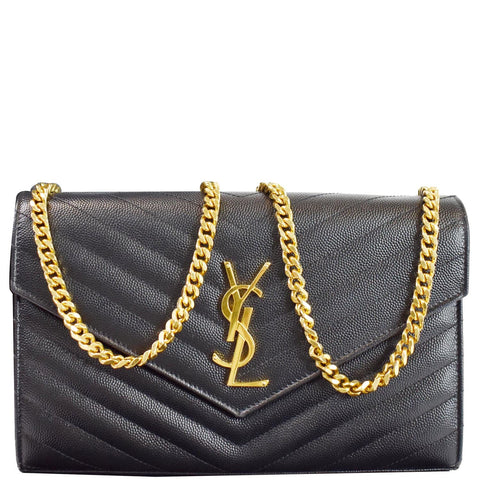 YVES SAINT LAURENT Matelasse Chevron Grain De Poudre Envelope Chain Wallet Black