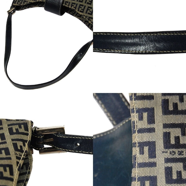 Fendi Zukka Pattern Hand Bag Navy Gray Canvas Leather Vintage Italy TT117