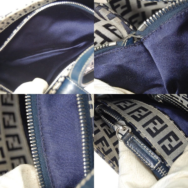 Fendi Zukka Pattern Hand Bag Navy Gray Canvas Leather Vintage Italy TT117