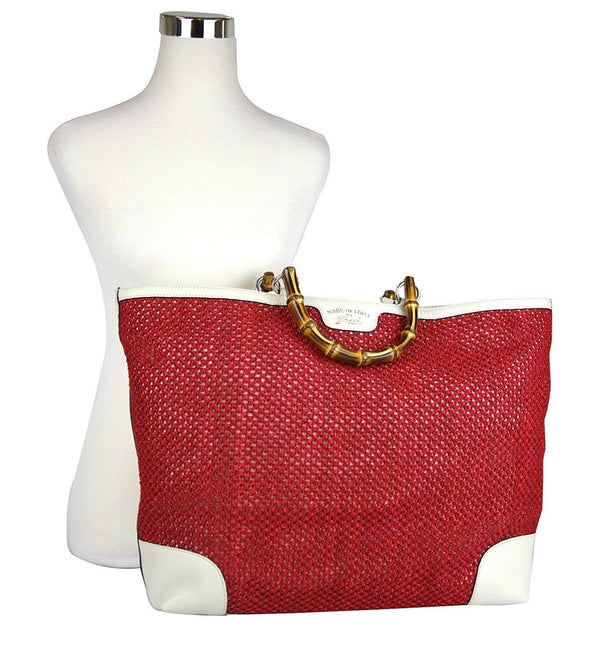 $1455 NWT Gucci 338964 Red Straw Bamboo Handle Large Shopper Tote w/Leather Trim - Dallas Designer Handbags