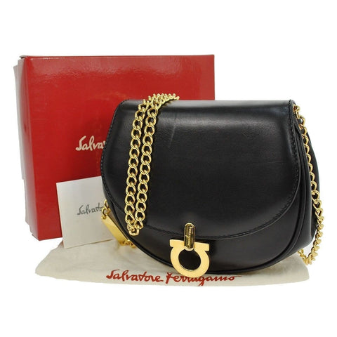 Salvatore Ferragamo Gancini Chain Black Gold Shoulder Bag