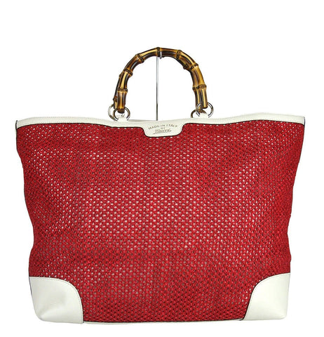 Gucci 338964 Red Straw Bamboo Handle Large Shopper Tote Trim - Final Call