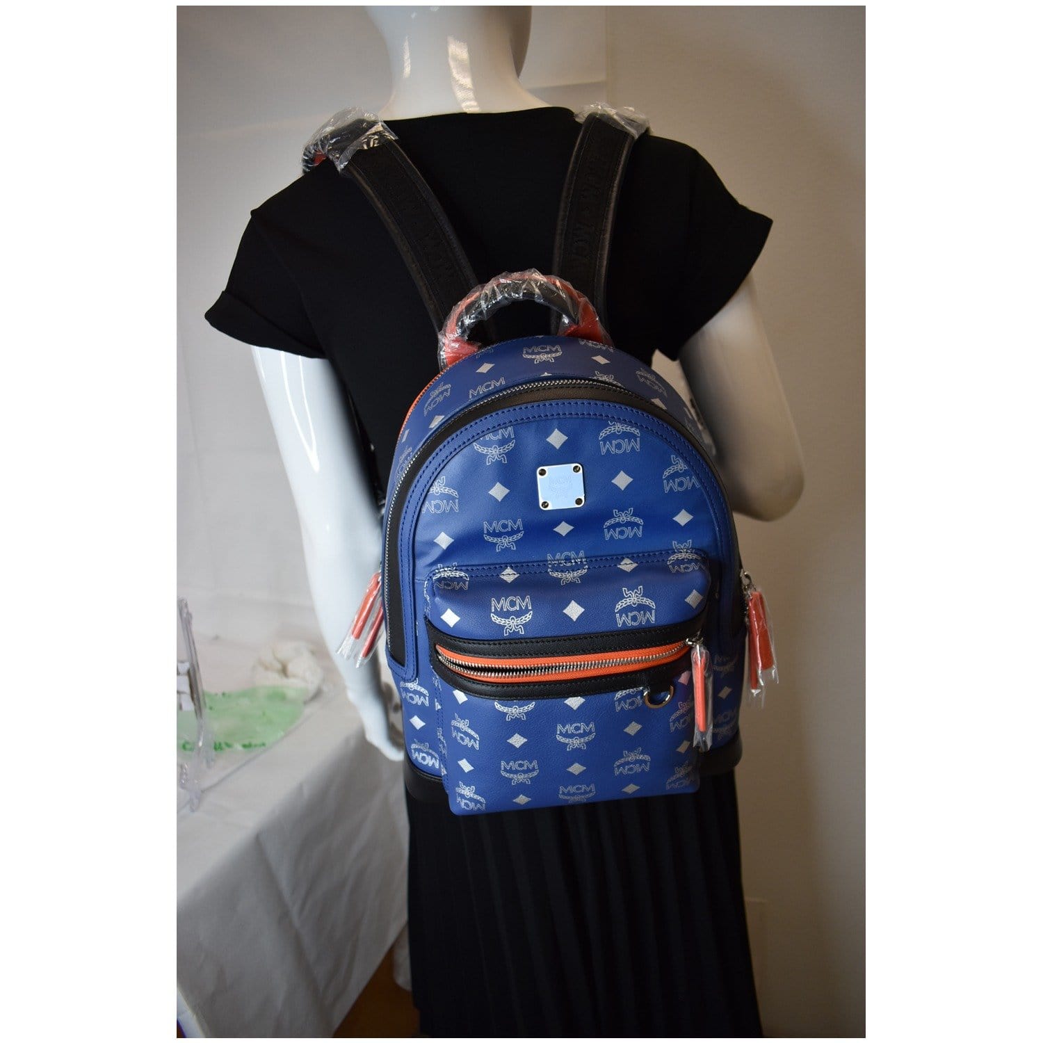 cheap mini mcm backpack boys MCM Stark Estate Small Visetos Logo Leather Backpack Blue