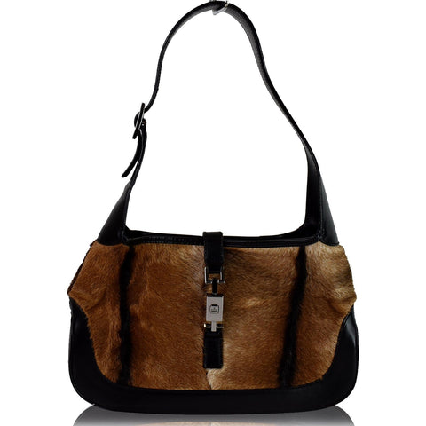GUCCI Jackie O Pony Hair Leather Hobo Shoulder Bag Brown