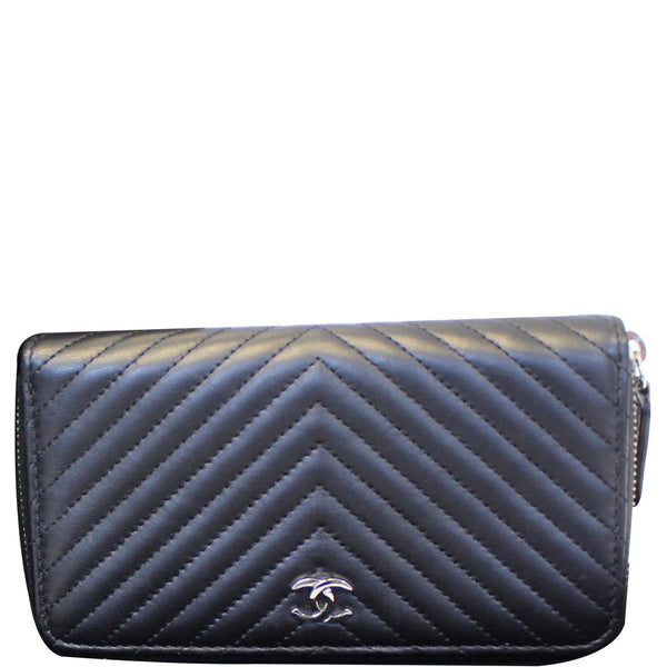 Chanel Wallet Lambskin Chevron Quilted Zip Around Black