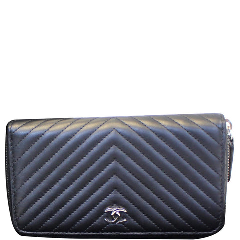 CHANEL Lambskin Chevron Zip Around Wallet Black