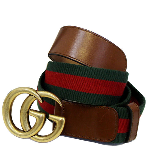 GUCCI Web Nylon Double G Buckle Belt Size 45 Red/Green