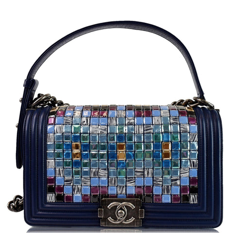 CHANEL Mosaic Large Boy Quilted Lambskin Shoulder Bag Blue