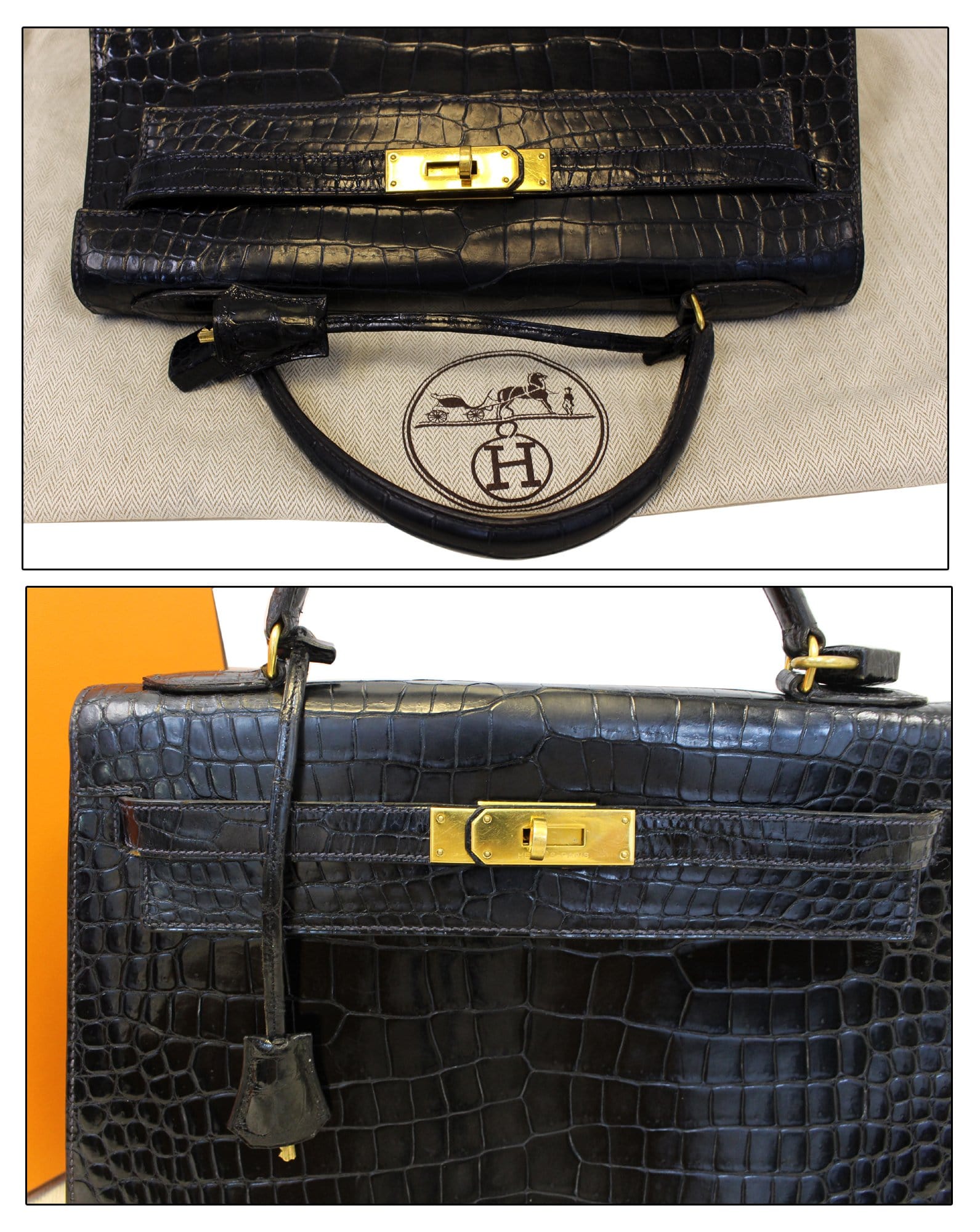 HERMES Kelly Alligator 32 cm Black with Gold Hardware Vintage Bag