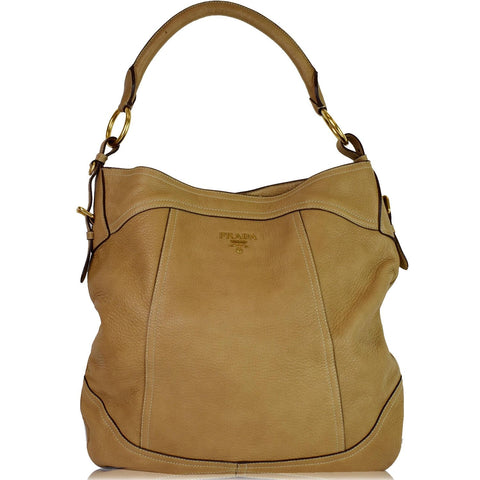 PRADA Vitello Daino Large Leather Hobo Shoulder Bag Beige