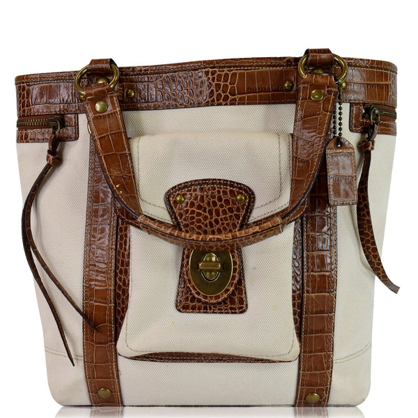 COACH MO669-10648 Canvas Embossed Leather Tote Bag Brown/Ivory
