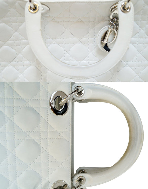 CHRISTIAN DIOR White Lambskin Leather Large Lady Dior Shoulder Bag  