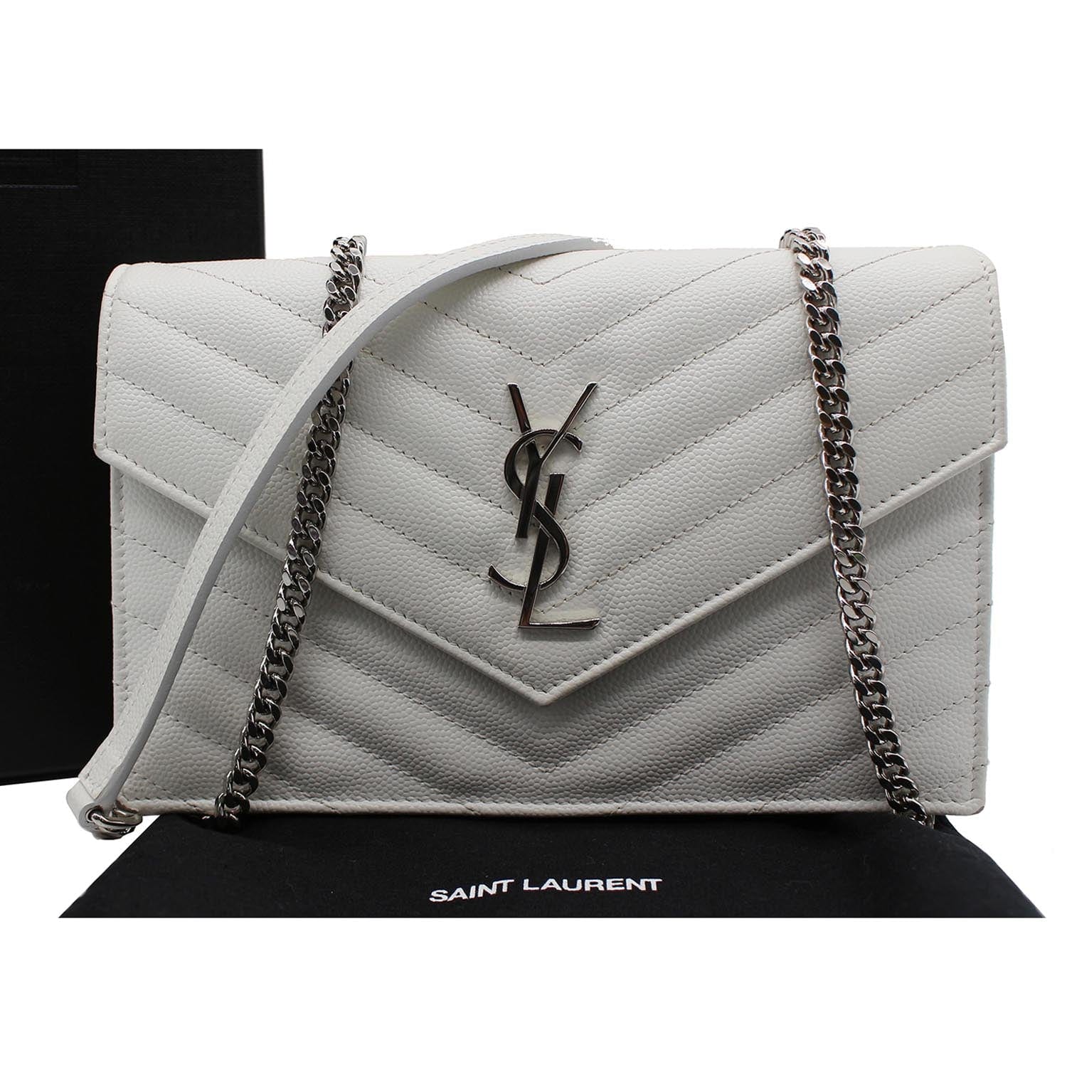 Auth Saint Laurent Long Wallet YSL Monogram Large Flap White Leather  H3.9”×W7.5”